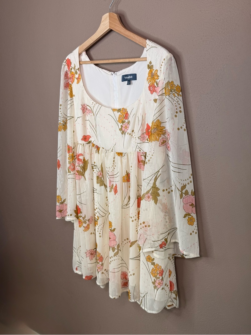 ModCloth Boho Empire Waist Flowy Floral Baby Doll Dress Bell Sleeves Size 12 - Picture 6 of 16